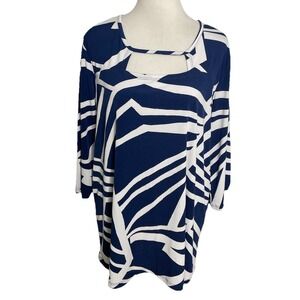 Clara Sun Woo‎ Blue White Liquid Knit Lagenlook Long Tunic Top Cut Out Neck XL